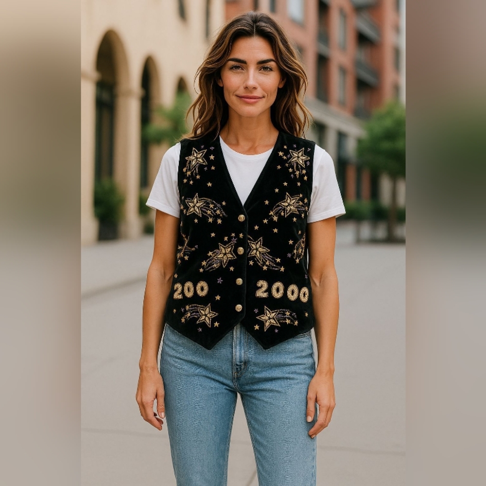 CASUAL CORNER VEST Embroidered Black Vest with Gold Stars SIZE XL